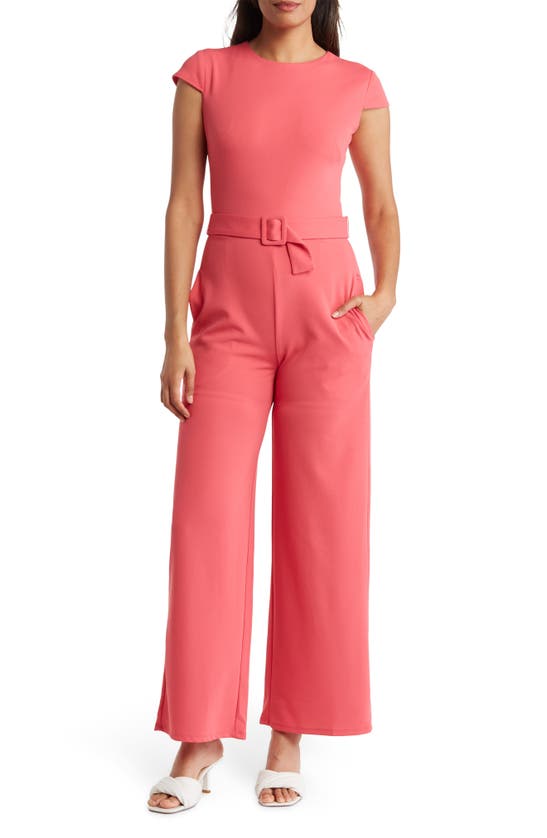 Maggy London Cap Sleeve Belted Jumpsuit In Claret Red