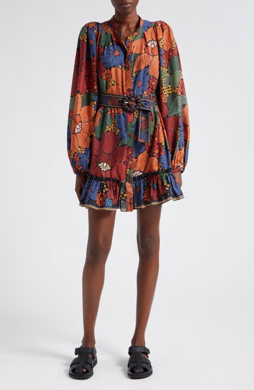 FARM Rio Stitched Flowers Print Belted Long Sleeve Mini Shirtdress Black at Nordstrom,