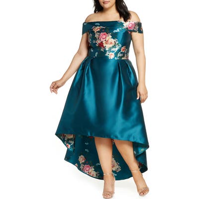 Plus Size Chi Chi London Curve Ghabie Off The Shoulder High/low Cocktail Dress, Blue