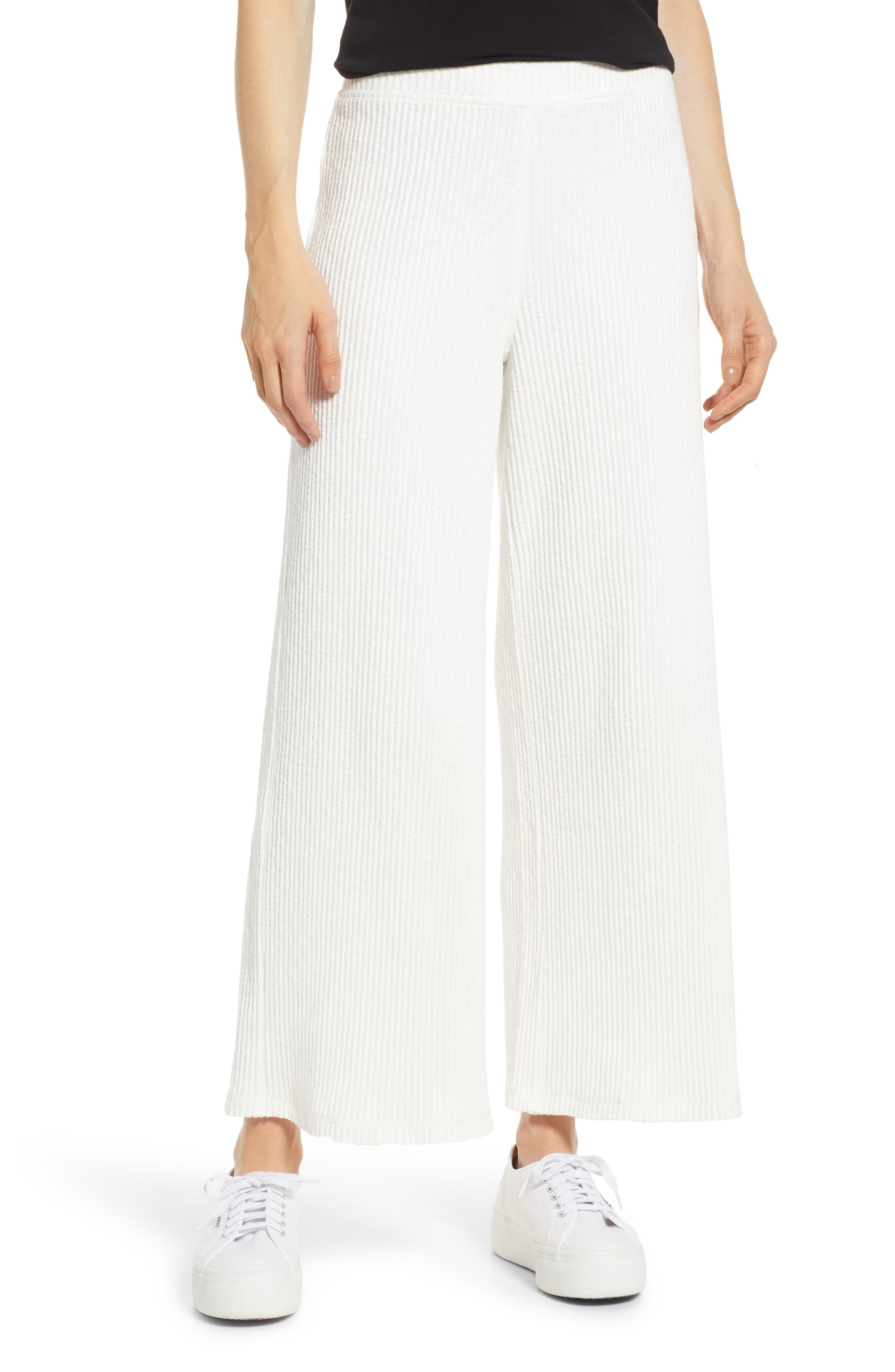 white ribbed flare pants