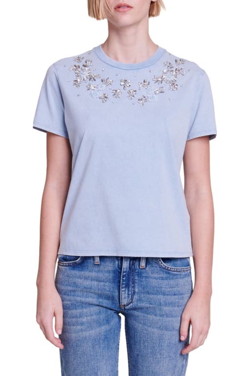 maje Floral Rhinestone Cotton T-Shirt Light Blue at Nordstrom,