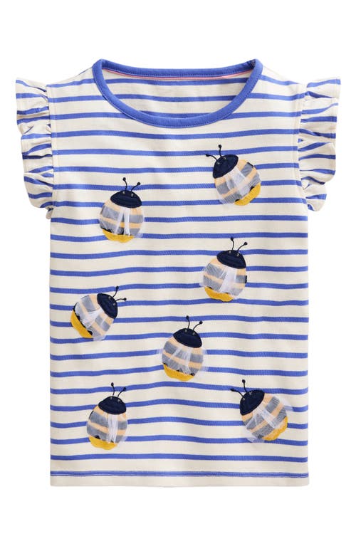 Mini Boden Kids' Appliqué Bee Flutter Sleeve Cotton T-Shirt in Wisteria Blue/Vanilla Pod