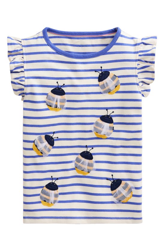 Shop Mini Boden Kids' Appliqué Bee Flutter Sleeve Cotton T-shirt In Wisteria Blue/ Vanilla Pod