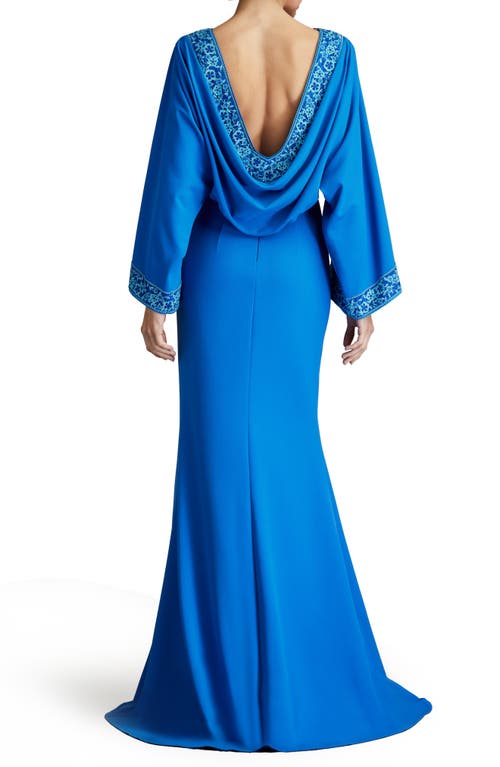 Shop Tadashi Shoji Drape Back Crepe Long Sleeve Gown In Blue Gaze