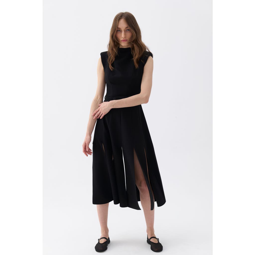 Nocturne Padded Shoulder Midi Dress In Black