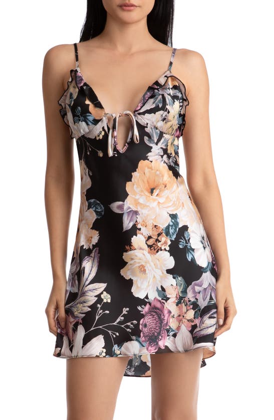 Midnight Bakery Lyric Floral Ruffle Trim Tie Front Satin Chemise In Moody Blooms/ Black