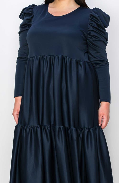 Shop L I V D Isabel Long Sleeve Tiered Maxi Dress In Navy