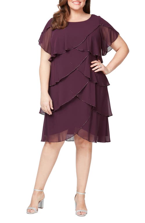 SL FASHIONS Bugle Beaded Tiered Cocktail Dress Aubergine at Nordstrom,