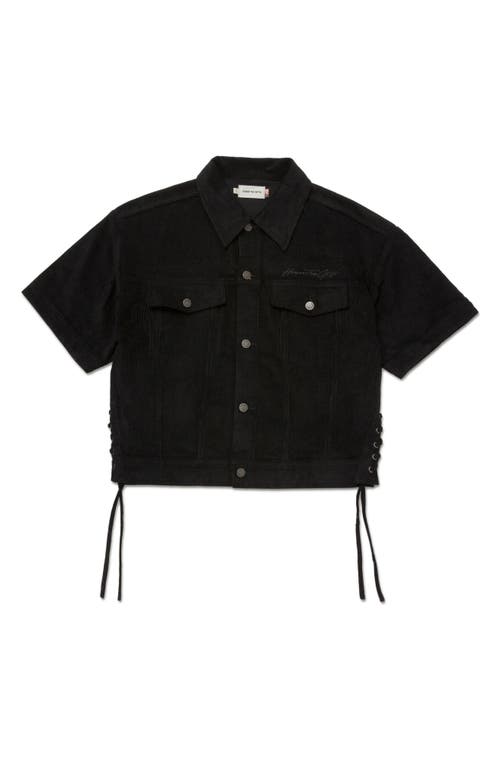 Short Sleeve Cotton Corduroy Shirt Jacket in Black
