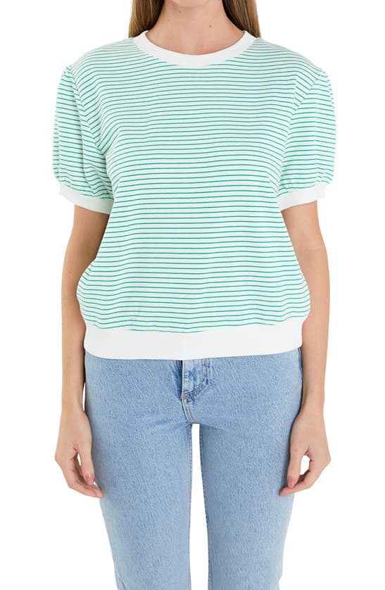 English Factory Stripe Puff Sleeve French Terry Top In White/ Green