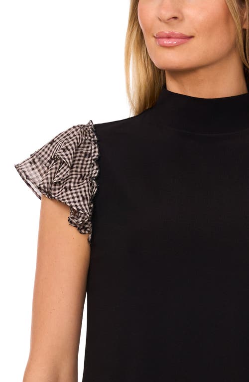 Cece Gingham Print Double Ruffle Mixed Media Top In Rich Black