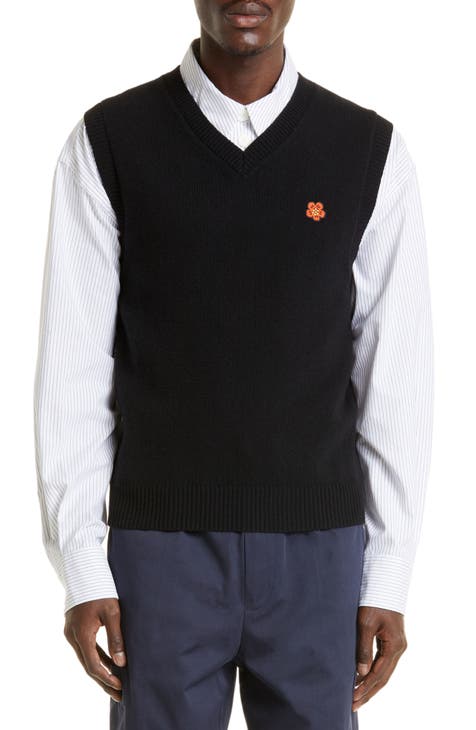 Embroidered Boke Flower Crest V-Neck Wool Sweater Vest