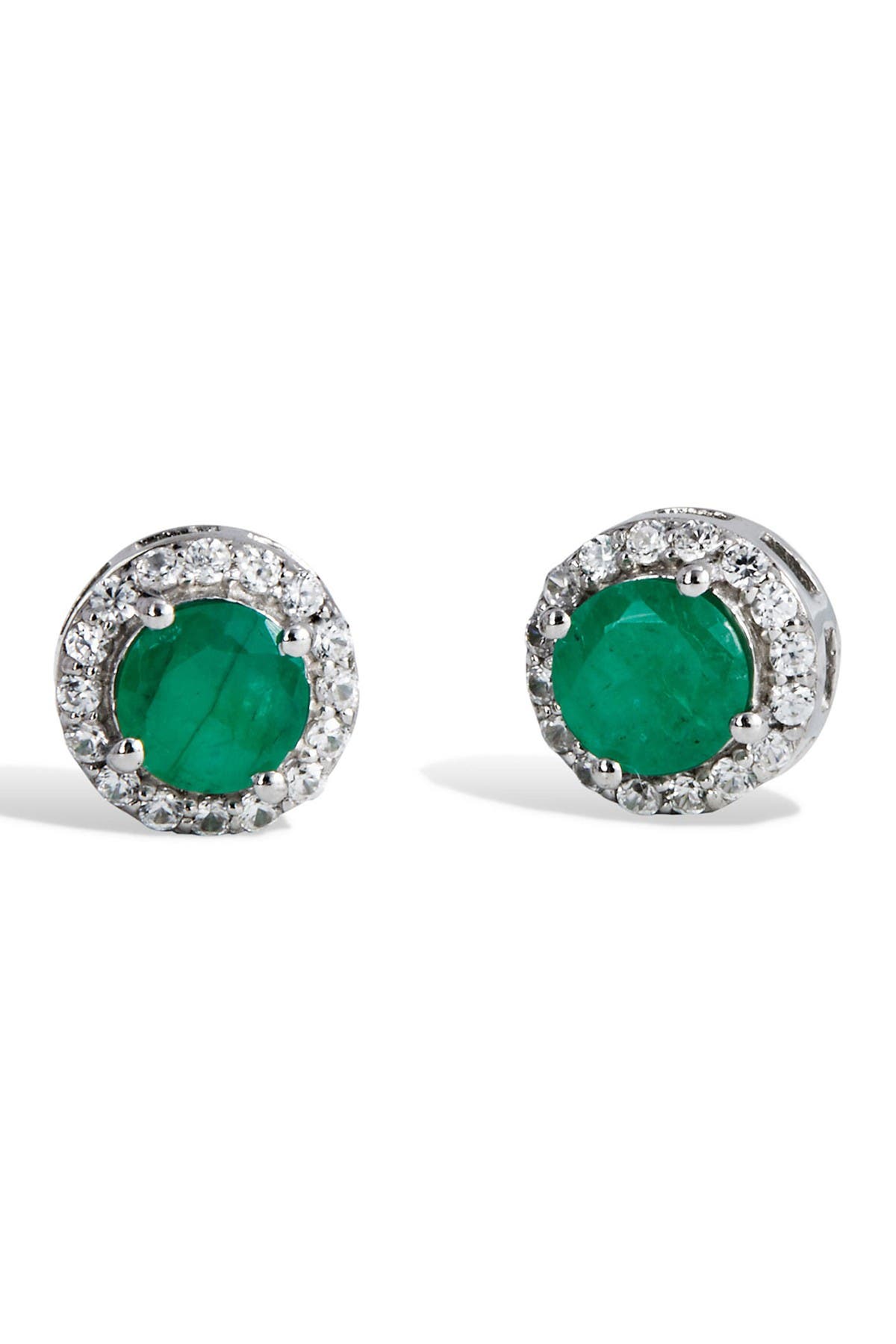 Savvy Cie Sterling Silver Zircon Halo Natural Emerald Stud Earrings In Green