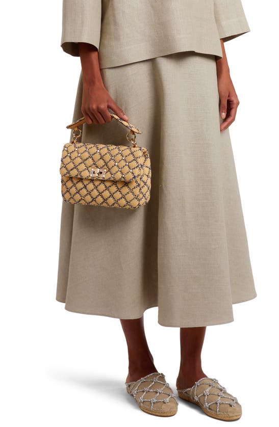 Shop Valentino Medium Rockstud Matelassé Quilted Raffia Shoulder Bag In Naturale-nero/beige