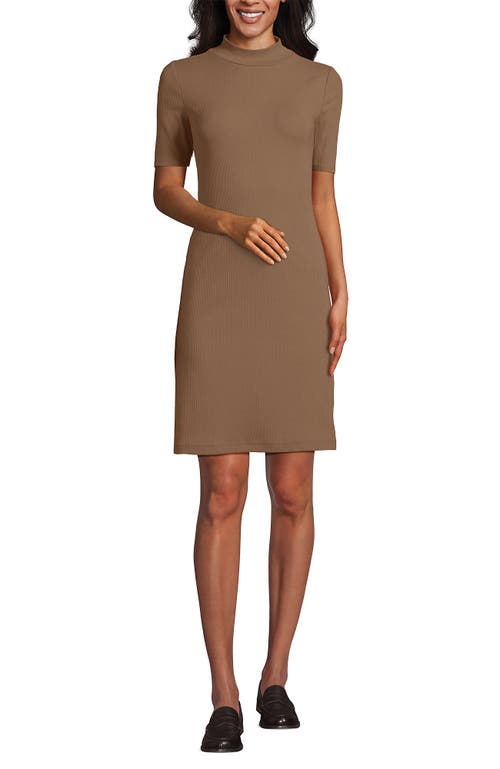 Shop Lands' End Knit Rib Mock Neck Above The Knee Dress In Honey Beige