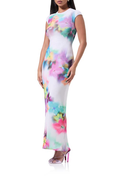 Shop Afrm Cody Print Cap Sleeve Mesh Maxi Dress In Blur Pansy