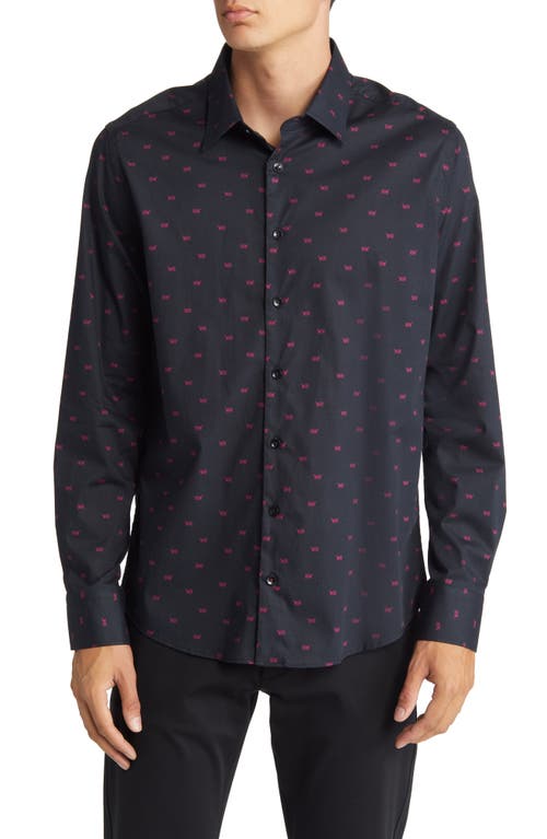 Men's Tiger Print Stretch Cotton Button-Up Shirt in Black