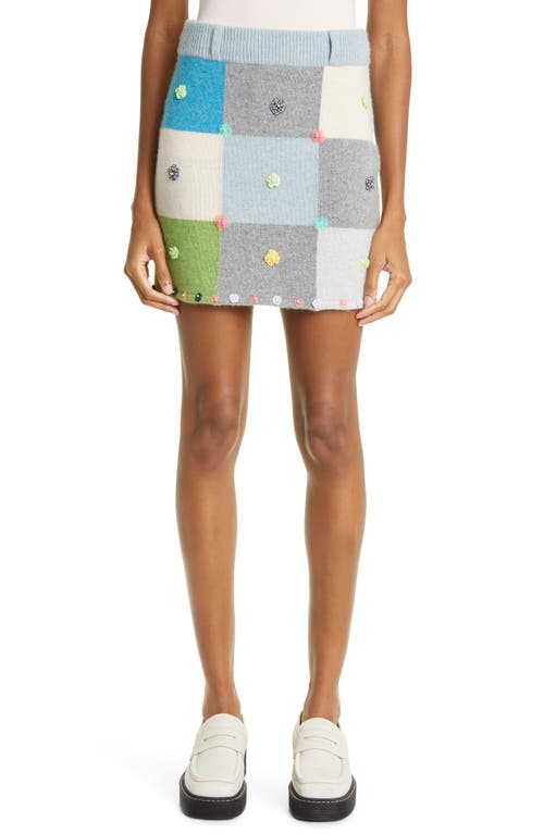 Floral Appliqué Checkerboard Lambswool Miniskirt in Blue/Green