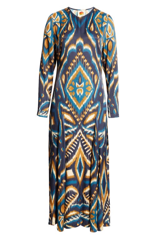 Shop Farm Rio Ikat Print Long Sleeve Satin Maxi Dress In Pineapple Ikat Blue