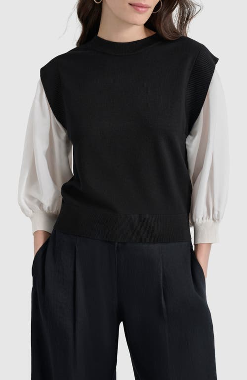 Dkny Mixed Media Layered Crewneck Sweater In Black/ivory