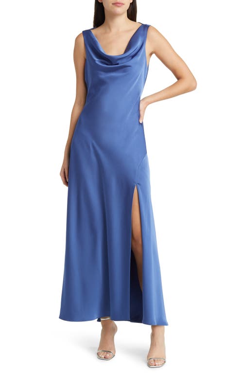 Cowl Neck Satin Midi Dress in Blue