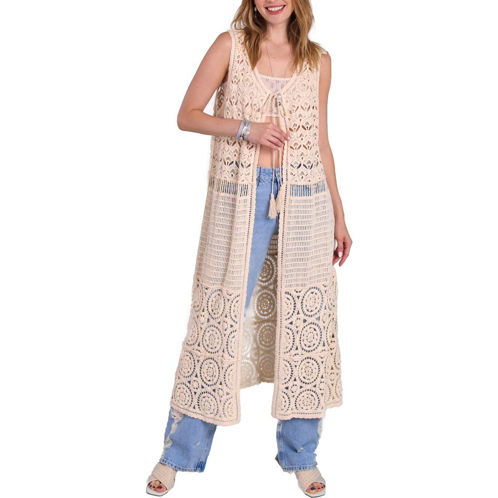Saachi Crochet Longline Duster Cardigan In Ivory