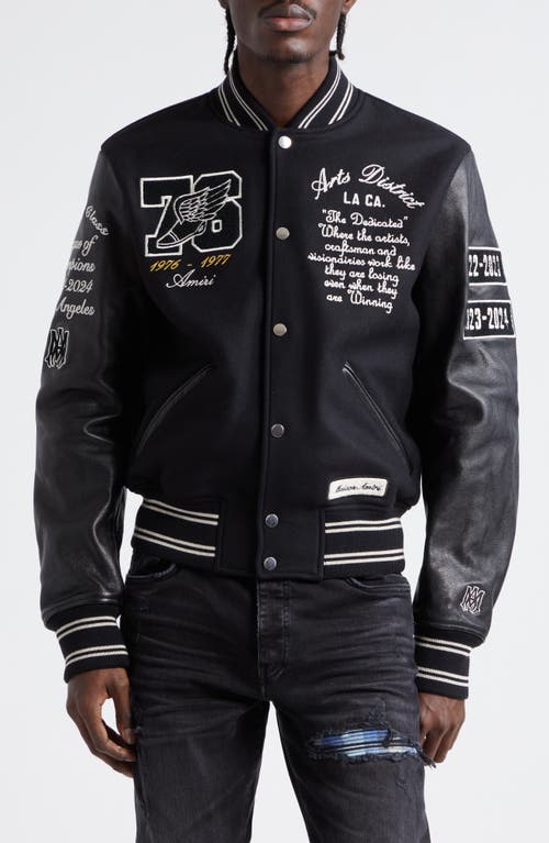 AMIRI Eagle Patch Oversize Leather Sleeve Wool Blend Varsity Jacket in Black at Nordstrom, Size Medium