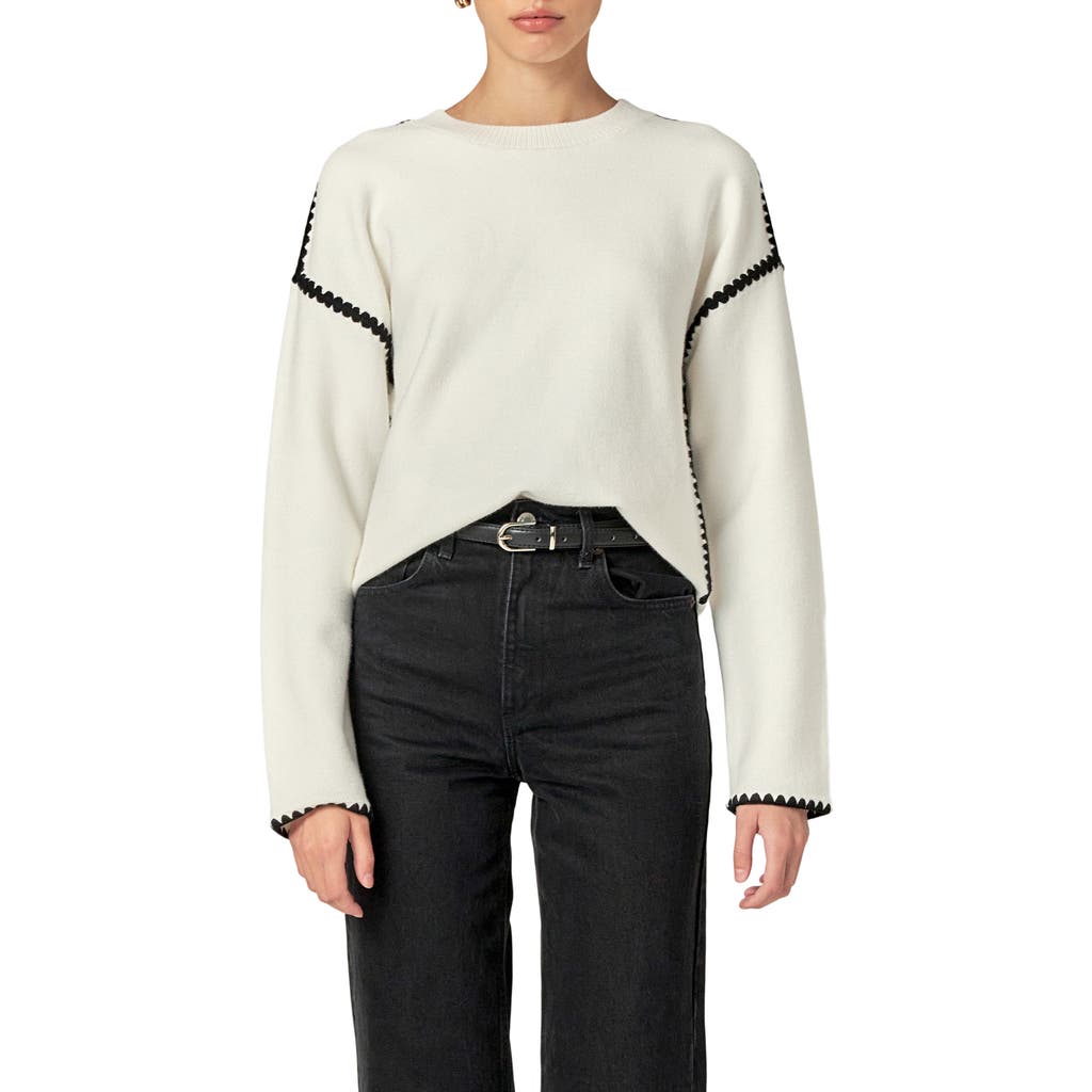 English Factory Embroidered Crewneck Sweater In White/black