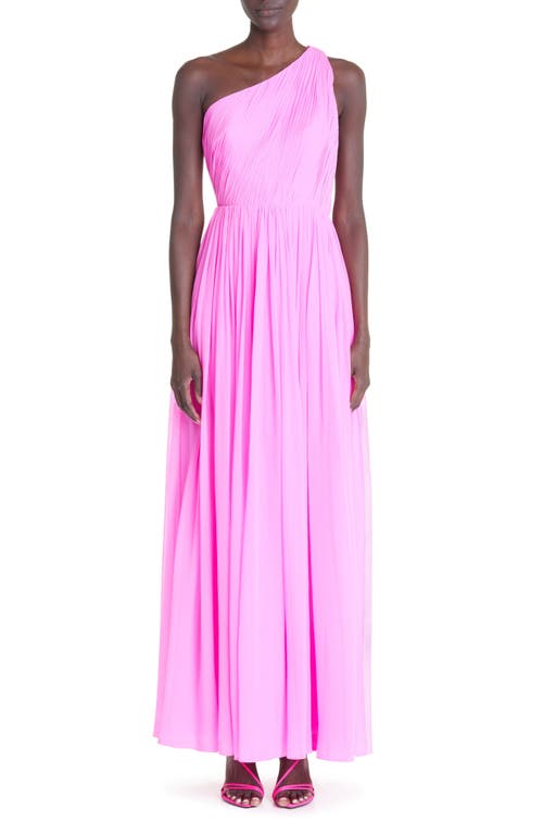 Adam Lippes Pleated One-Shoulder Silk Chiffon Gown in Hot Pink