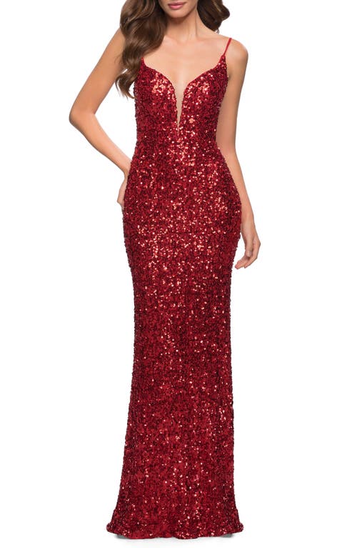 Deep V-Neck Sequin Gown in Red