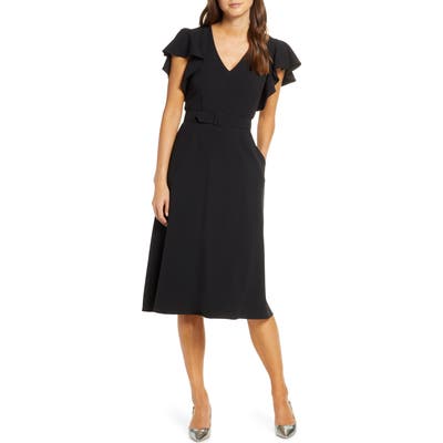 Eliza J Flutter Sleeve Belted Crepe Midi Dress, Black