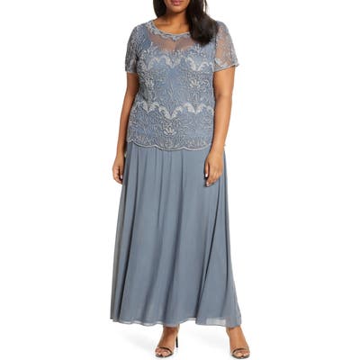 Plus Size Pisarro Nights Beaded Illusion Neck Chiffon Gown, Metallic