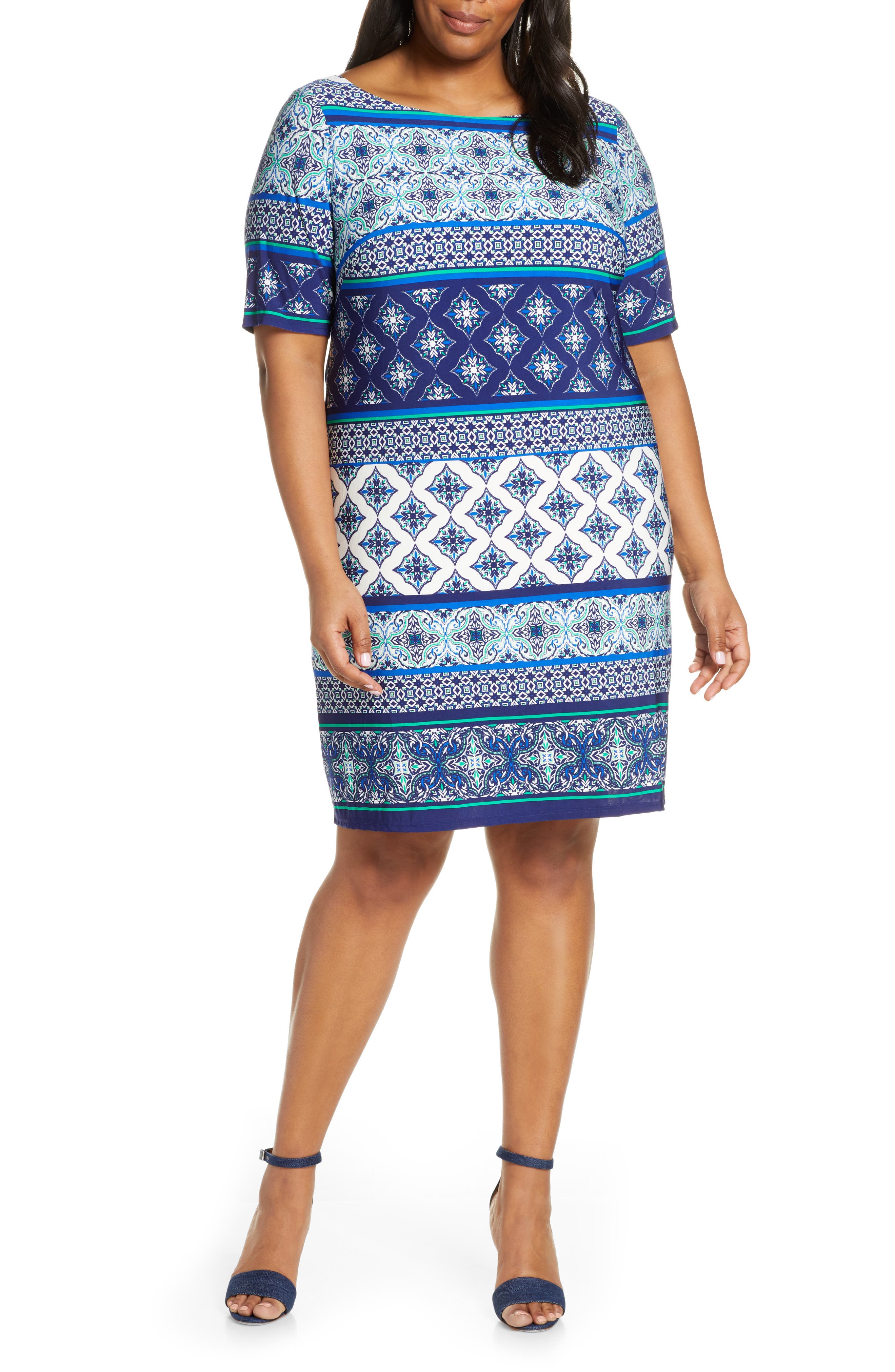 Plus Size Eliza J Print Sheath Dress, Blue