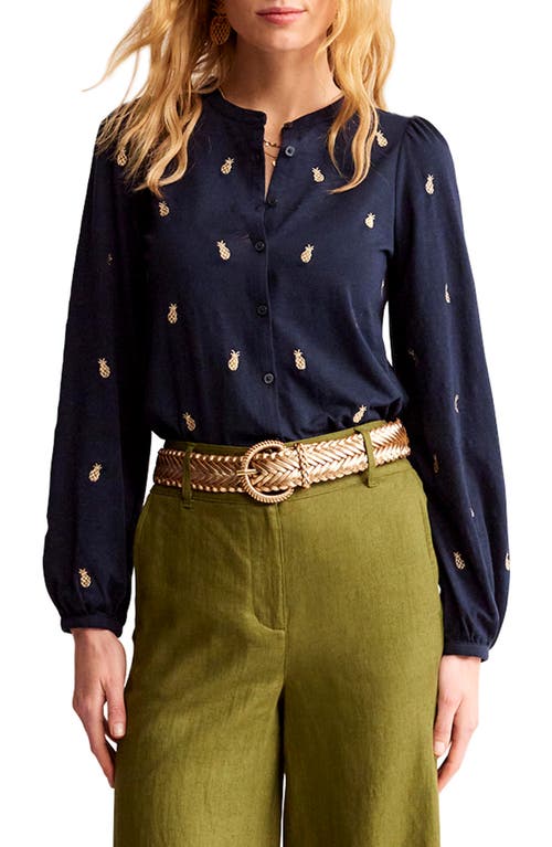 Marina Embroidered Button-Up Shirt in Navy Pineapple