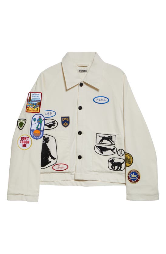 Bode Cambridge Patch Canvas Jacket In White Multi