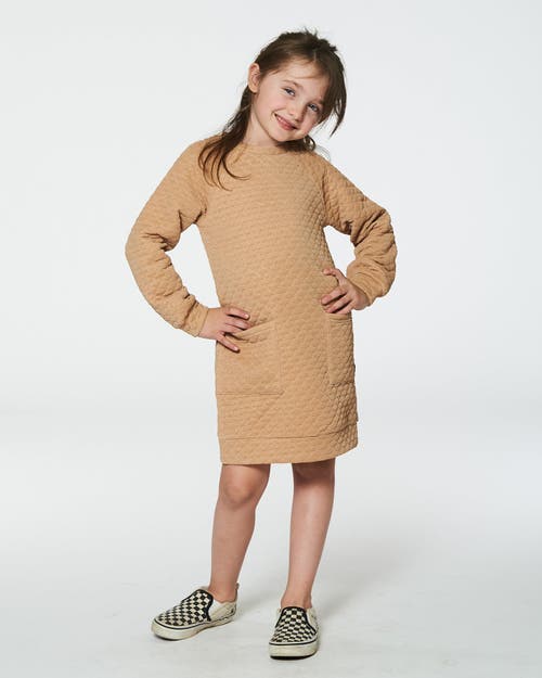 Shop Deux Par Deux Girl's Long Sleeve Shiny Quilted Dress With Pocket Golden Brown In Rugby Tan