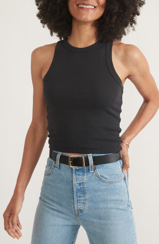 Shop Marine Layer Lexi Sun-in High Neck Crop Rib Tank In Faded Black