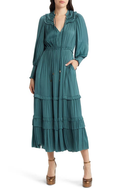 Long Sleeve Crinkle Satin Tiered Maxi Dress in Jade