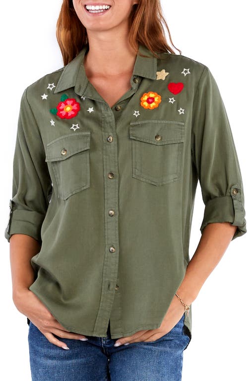 Billy T Birds Of A Feather Embroidered Denim Button-up Shirt In Soft Olive