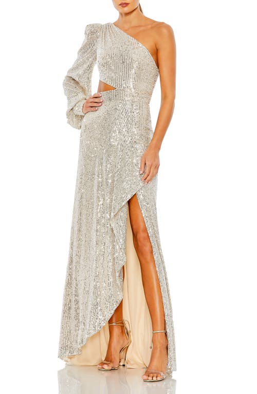 Sequin Cutout One-Shoulder Gown in Silver