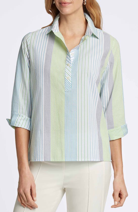 Shop Foxcroft Therese Variegated Stripe Split Back Seersucker Popover Shirt In Blue Multi