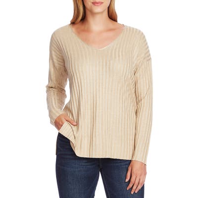 Vince Camuto Metallic Stripe V-Neck Sweater, Beige