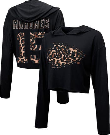 Majestic Threads Women's Majestic Threads Patrick Mahomes Black Kansas City  Chiefs Leopard Player Name & Number Long Sleeve Cropped Hoodie