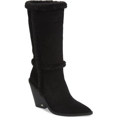 Sam Edelman Ilsa Faux Fur Trim Block Heel Boot- Black
