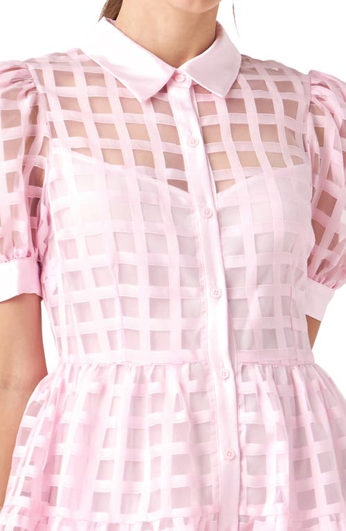 Shop English Factory Grid Pattern Tiered Midi Shirtdress In Baby Pink