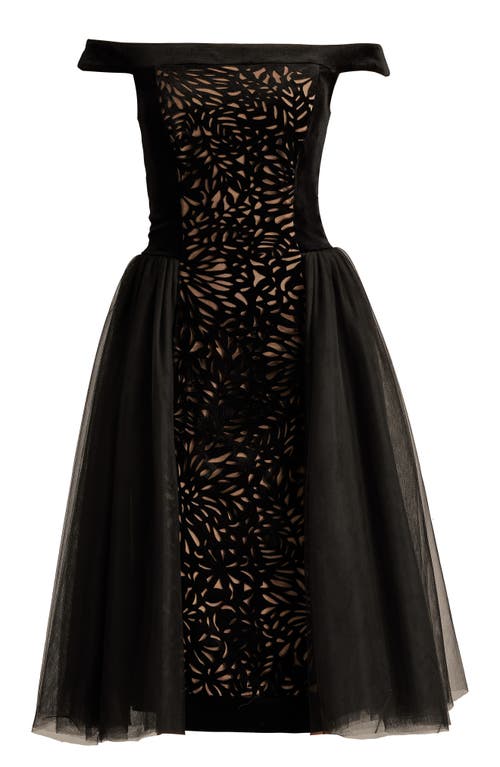 Shop Tadashi Shoji Laser Cut Velvet Off The Shoulder Cocktail Dress In Black/beige