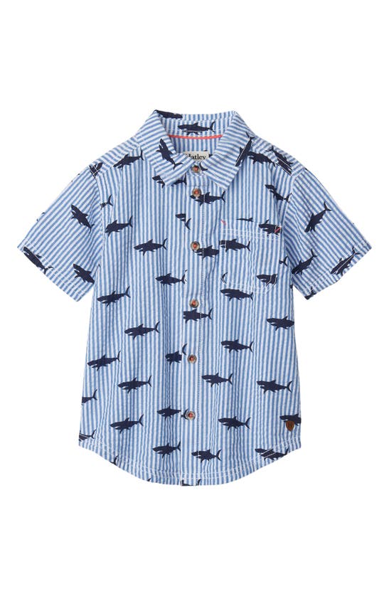 Hatley Kids' Stripe Sharks Cotton Button-up Shirt In Blue