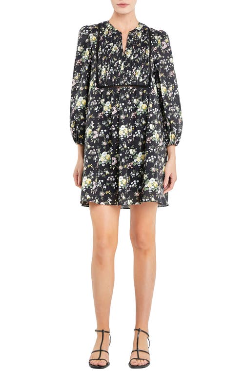 English Factory Floral Print Pintuck Minidress Black Multi at Nordstrom,