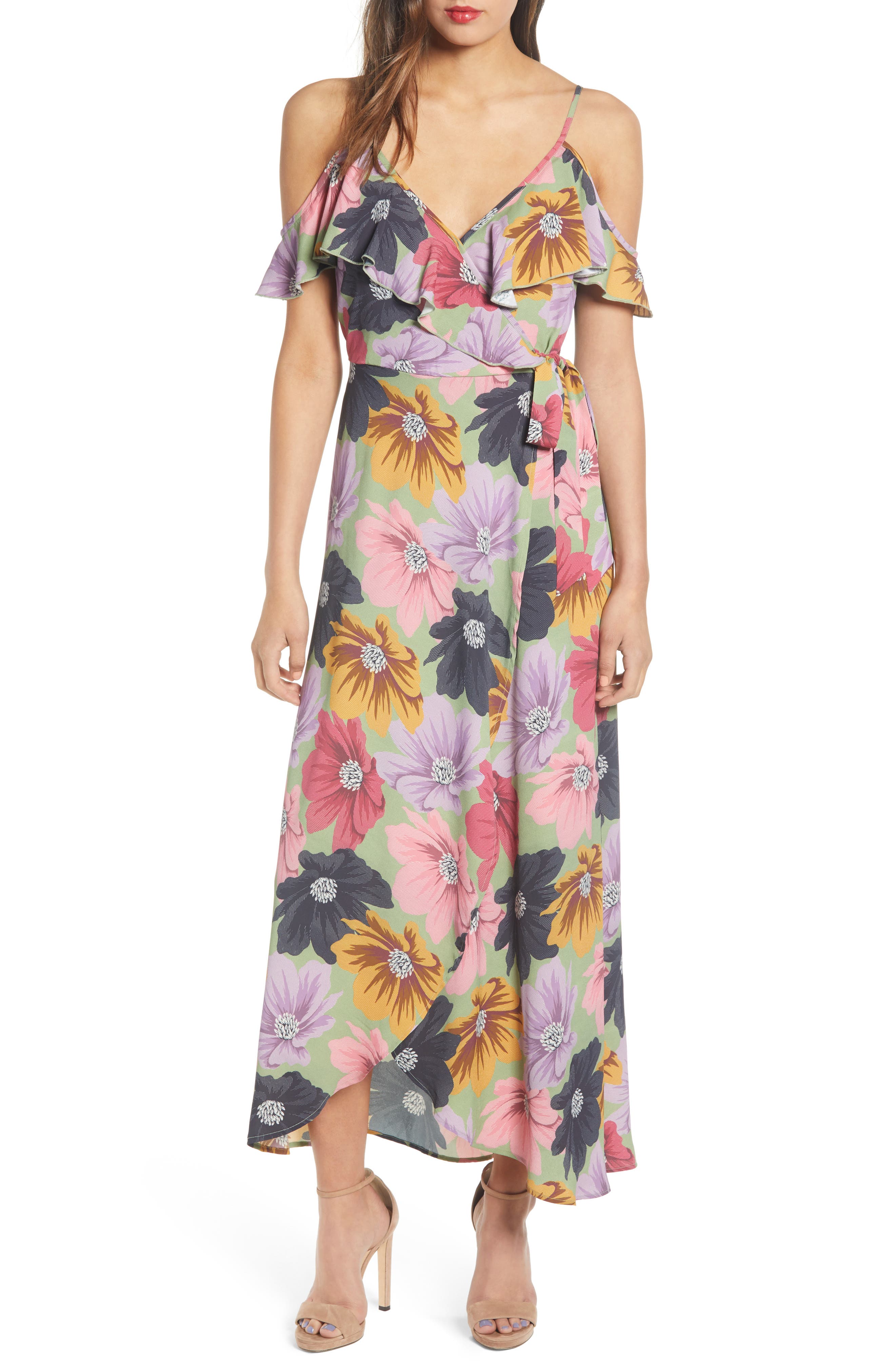 Band Of Gypsies London Floral Print Ruffle Cold Shoulder Maxi Dress, Green