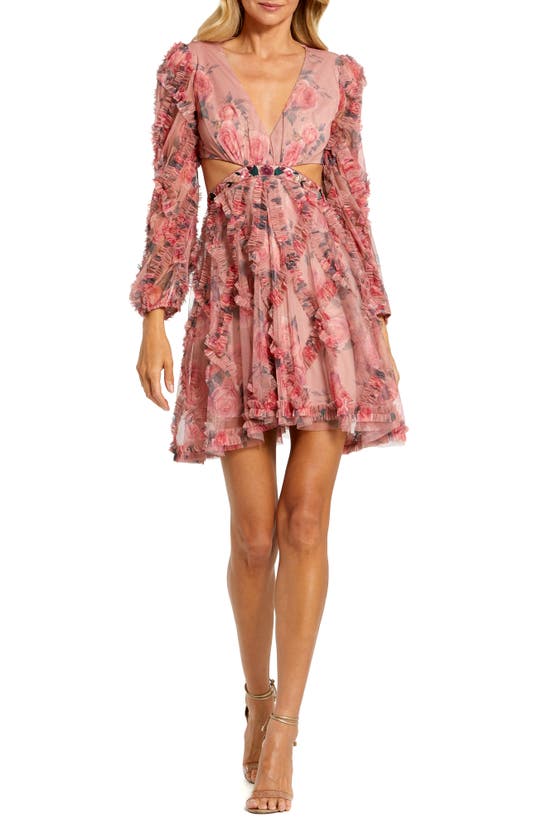 Shop Mac Duggal Floral Ruffle Cutout Chiffon A-line Cocktail Dress In Rose Multi